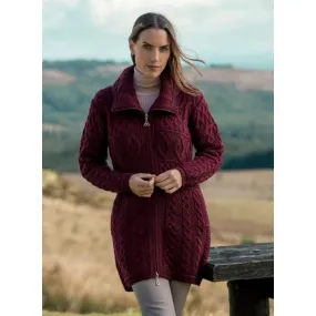 100% Merino Wool Double Collar Aran Zipper Coat Wine