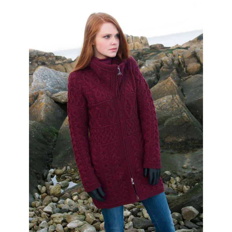 100% Merino Wool Double Collar Aran Zipper Coat Wine