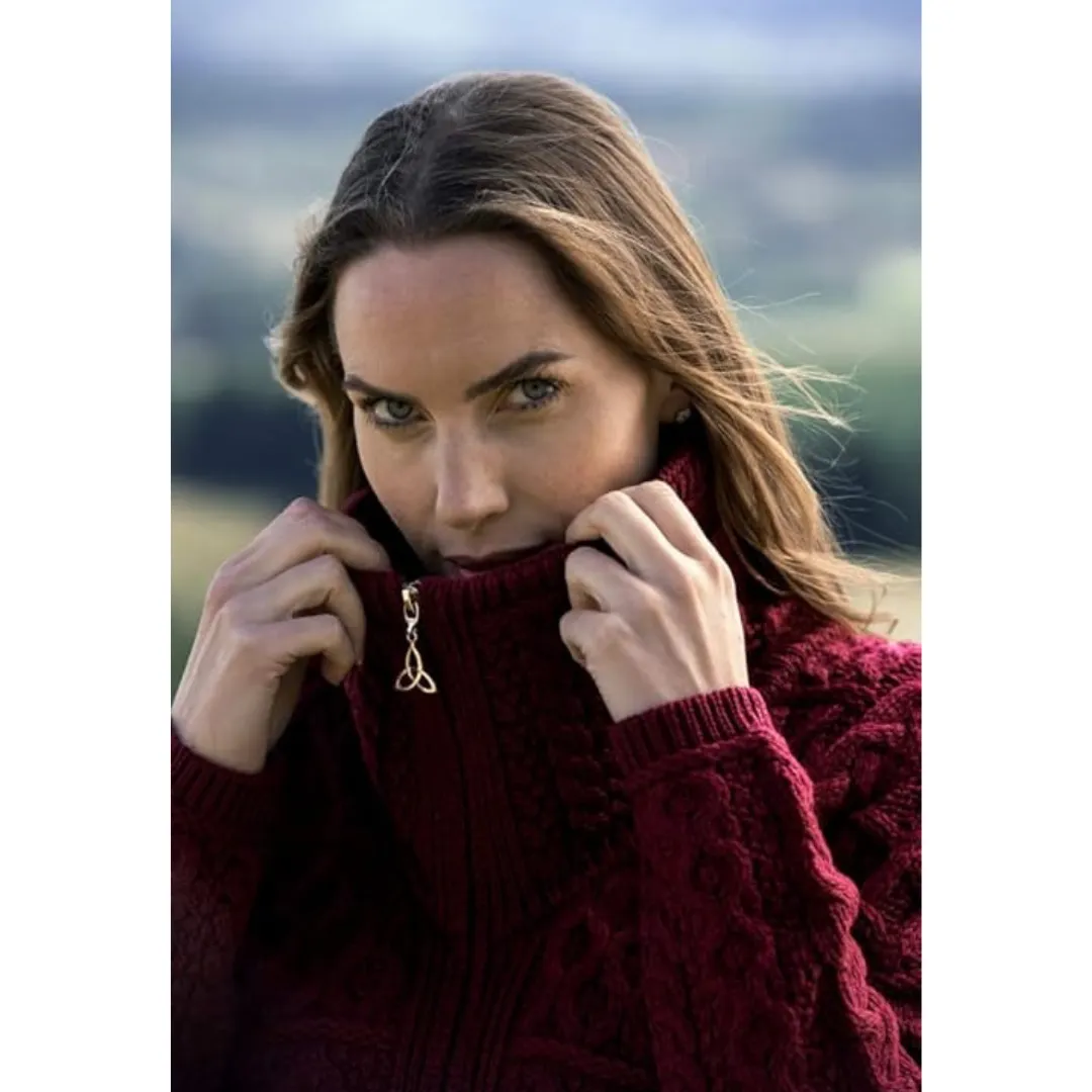 100% Merino Wool Double Collar Aran Zipper Coat Wine