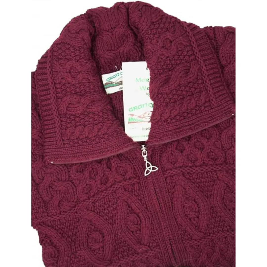 100% Merino Wool Double Collar Aran Zipper Coat Wine