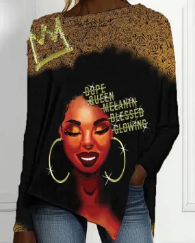 Afro Cartoon Letters Black Girl Print Irregular Ladies Top