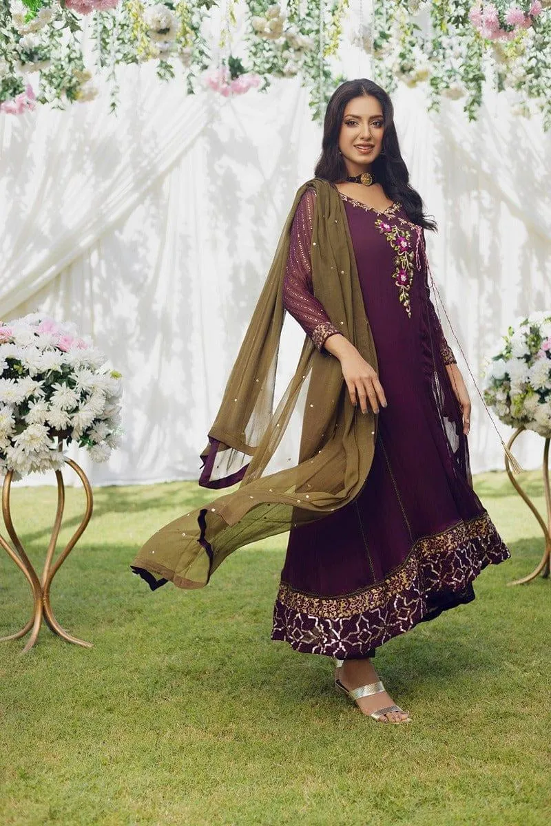 Aisha Fatema - Vivid Plum Angrakha - Multi Color Embroidery - 3 Piece