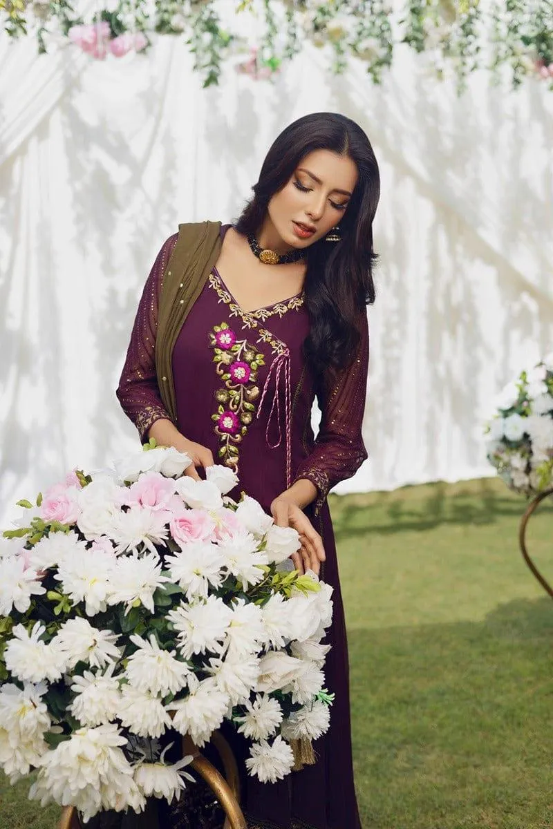 Aisha Fatema - Vivid Plum Angrakha - Multi Color Embroidery - 3 Piece
