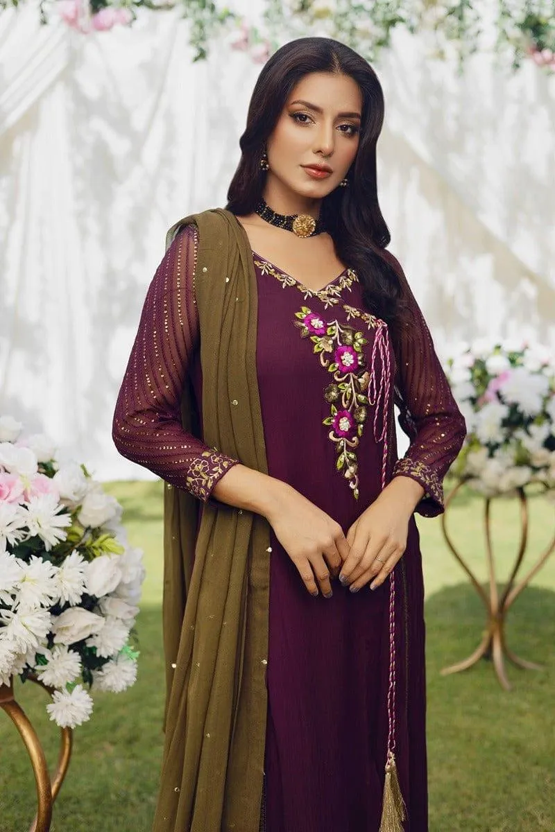Aisha Fatema - Vivid Plum Angrakha - Multi Color Embroidery - 3 Piece