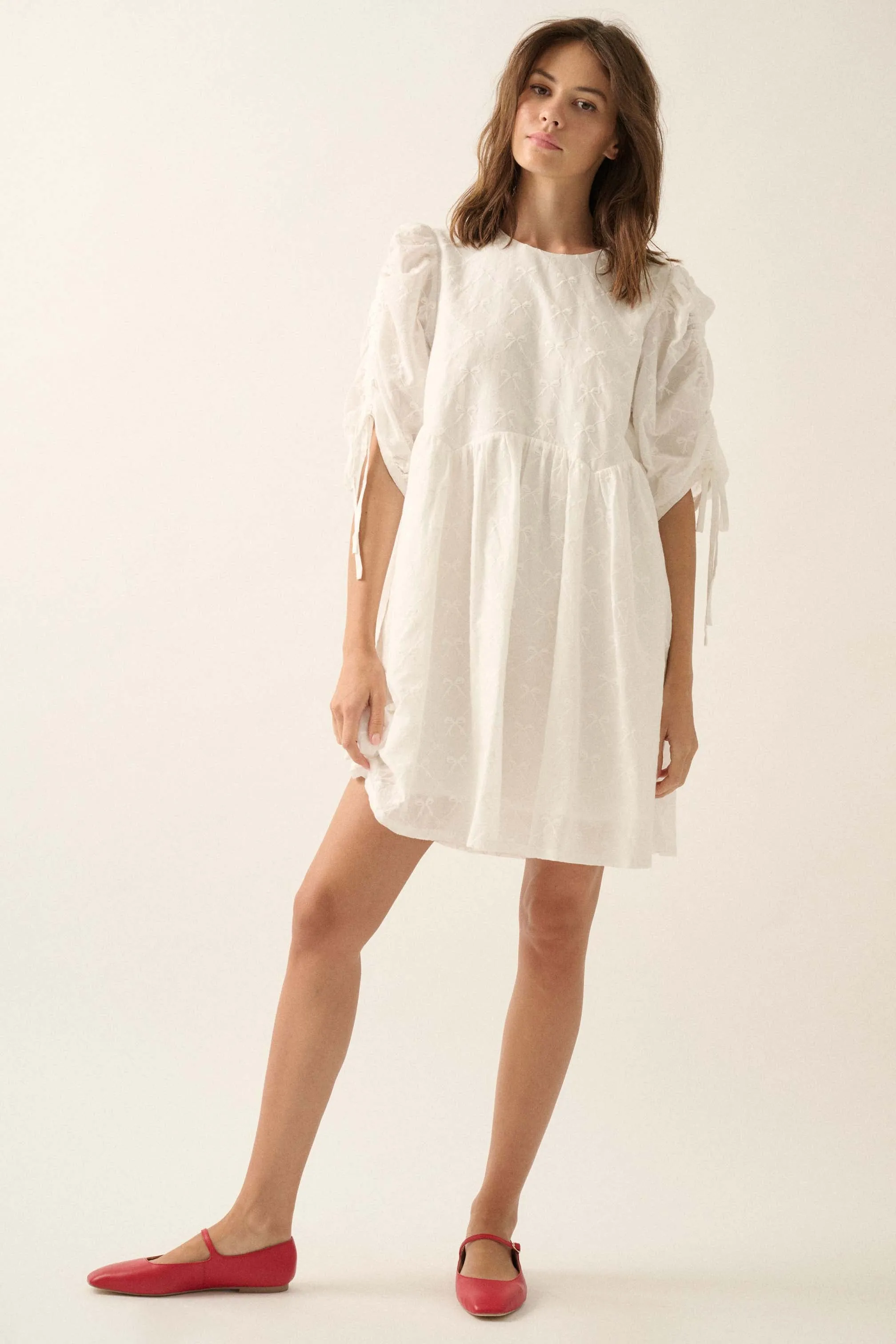Angel Baby Bow-Embroidered Babydoll Mini Dress