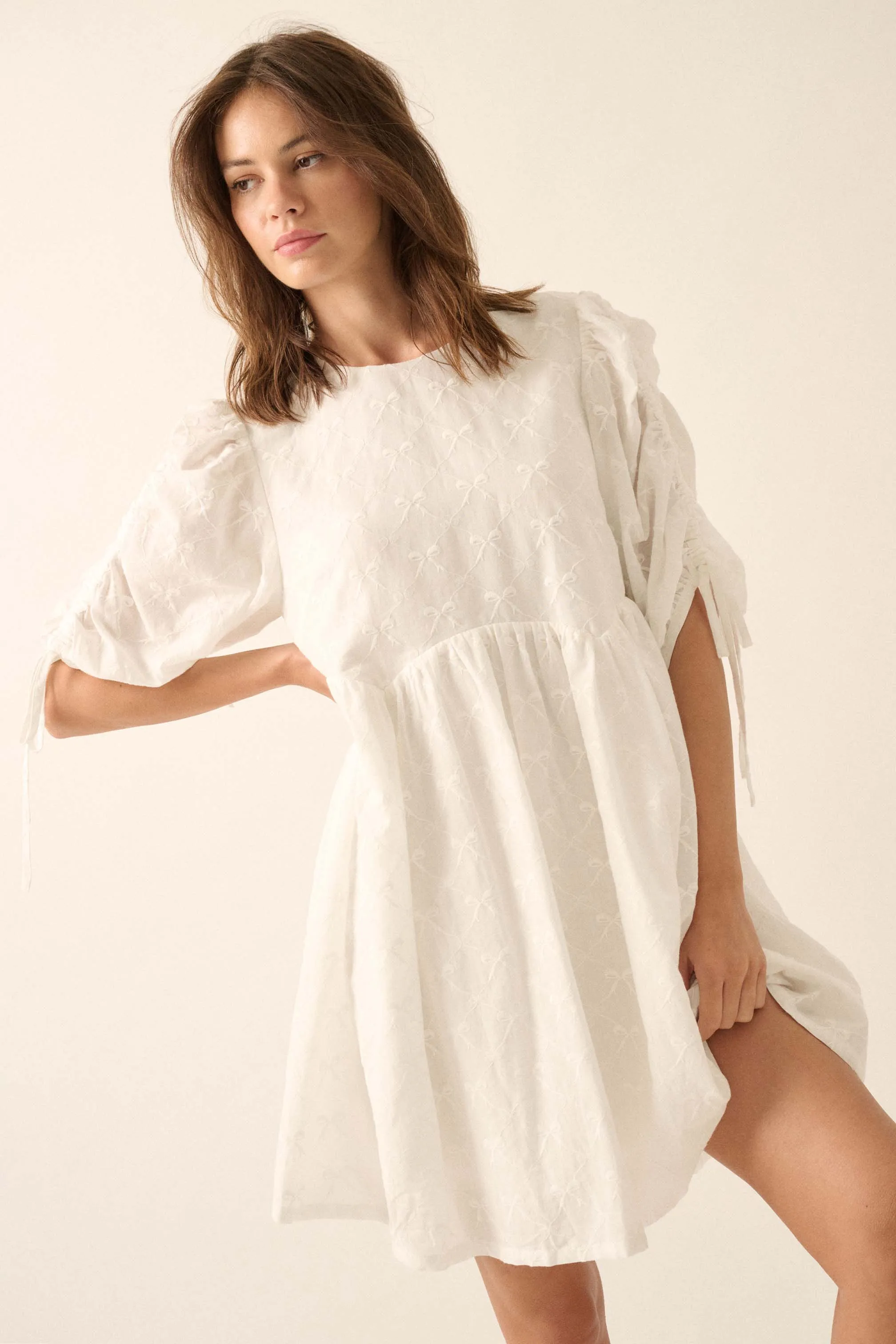 Angel Baby Bow-Embroidered Babydoll Mini Dress