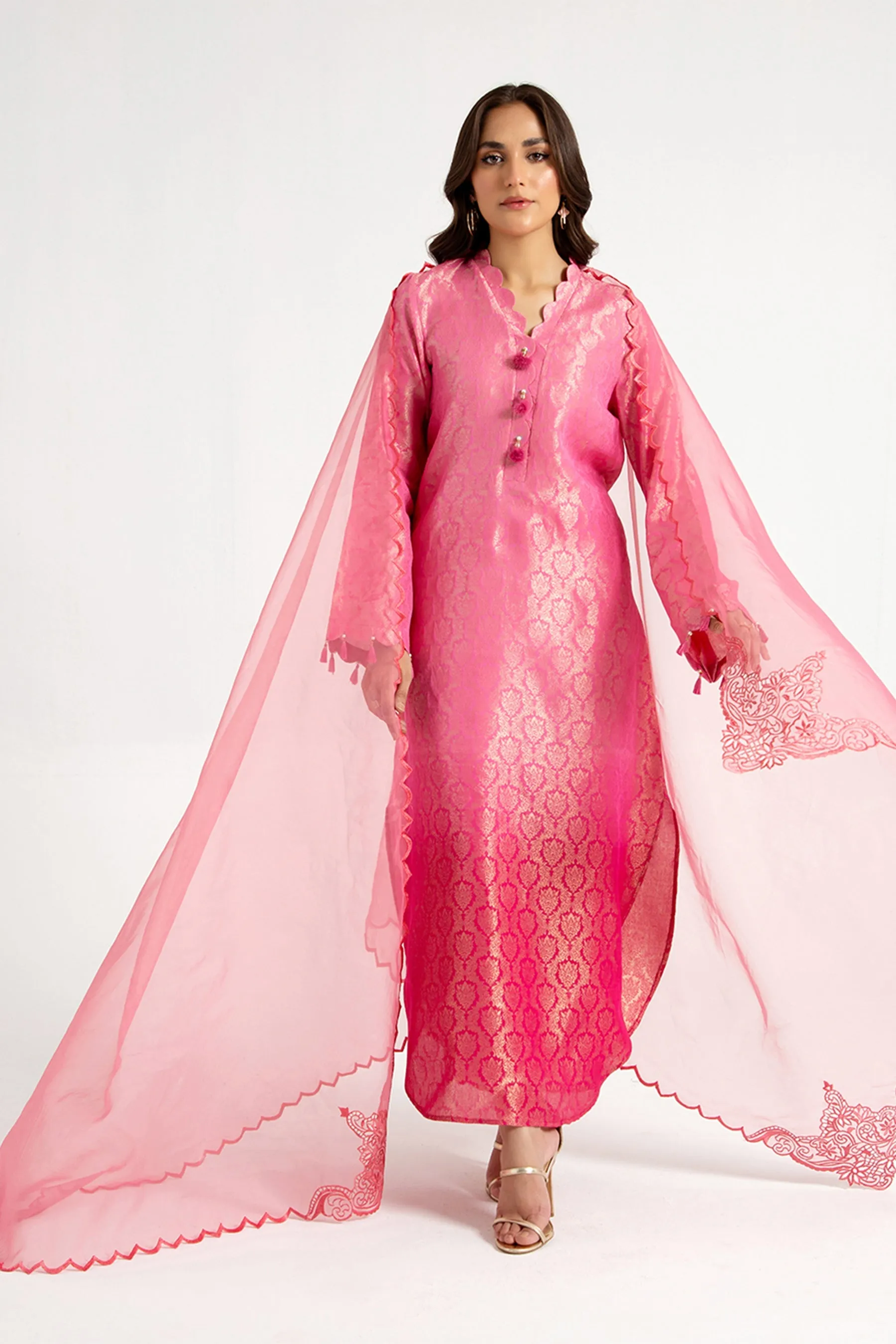 Arif Ashraf - Pembi - Hot Pink - Self Jacquard and Organza - 3 Piece