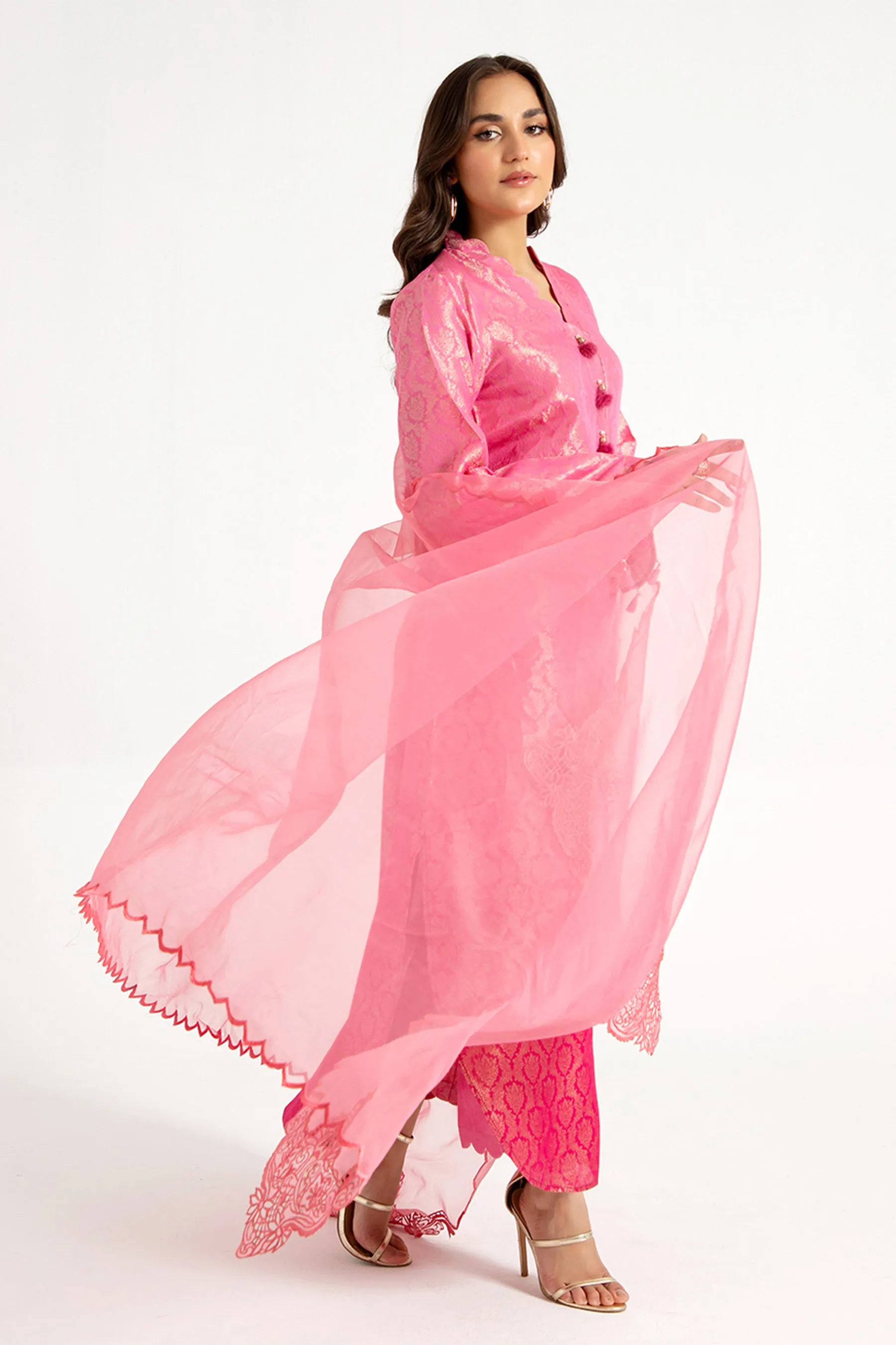 Arif Ashraf - Pembi - Hot Pink - Self Jacquard and Organza - 3 Piece