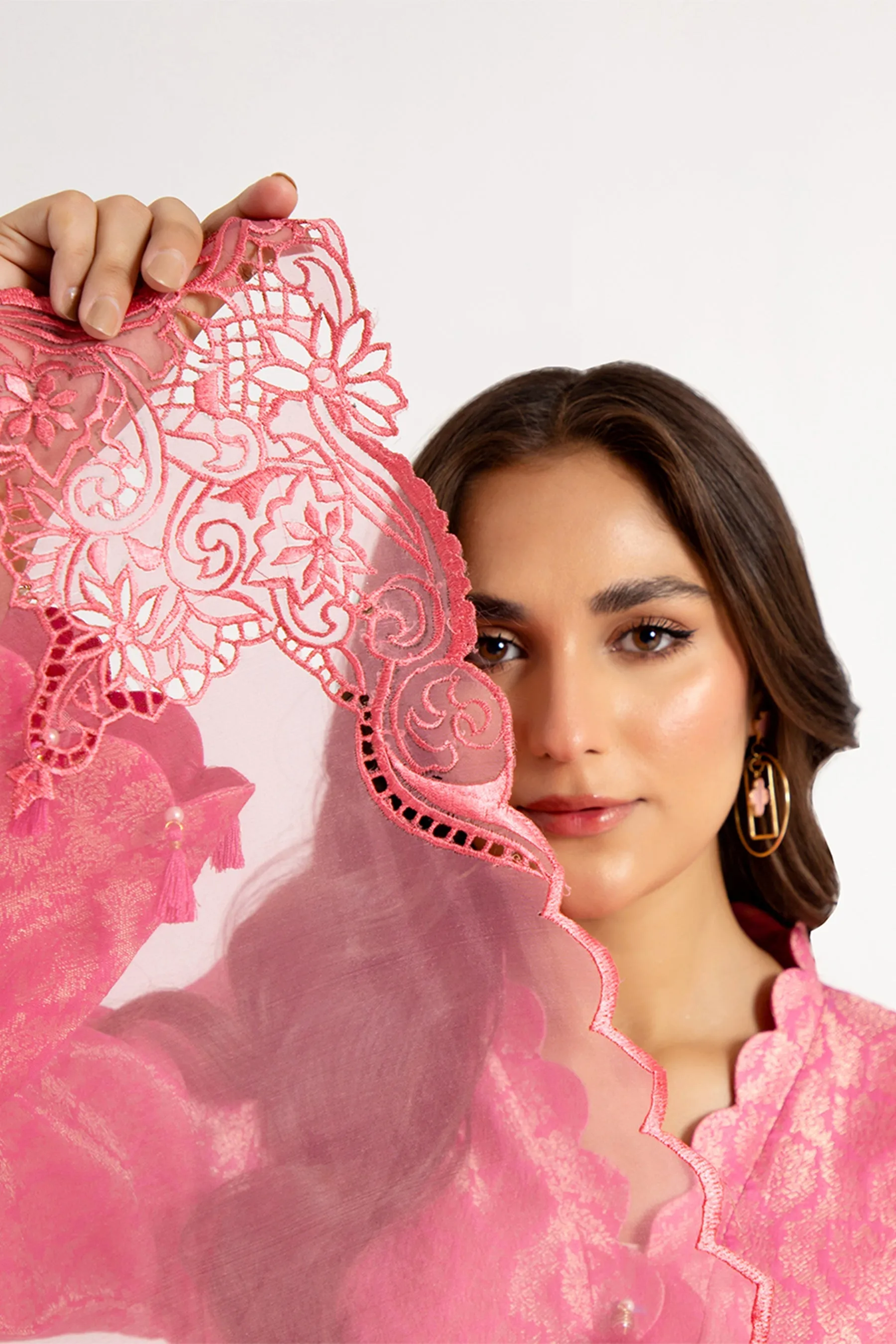 Arif Ashraf - Pembi - Hot Pink - Self Jacquard and Organza - 3 Piece