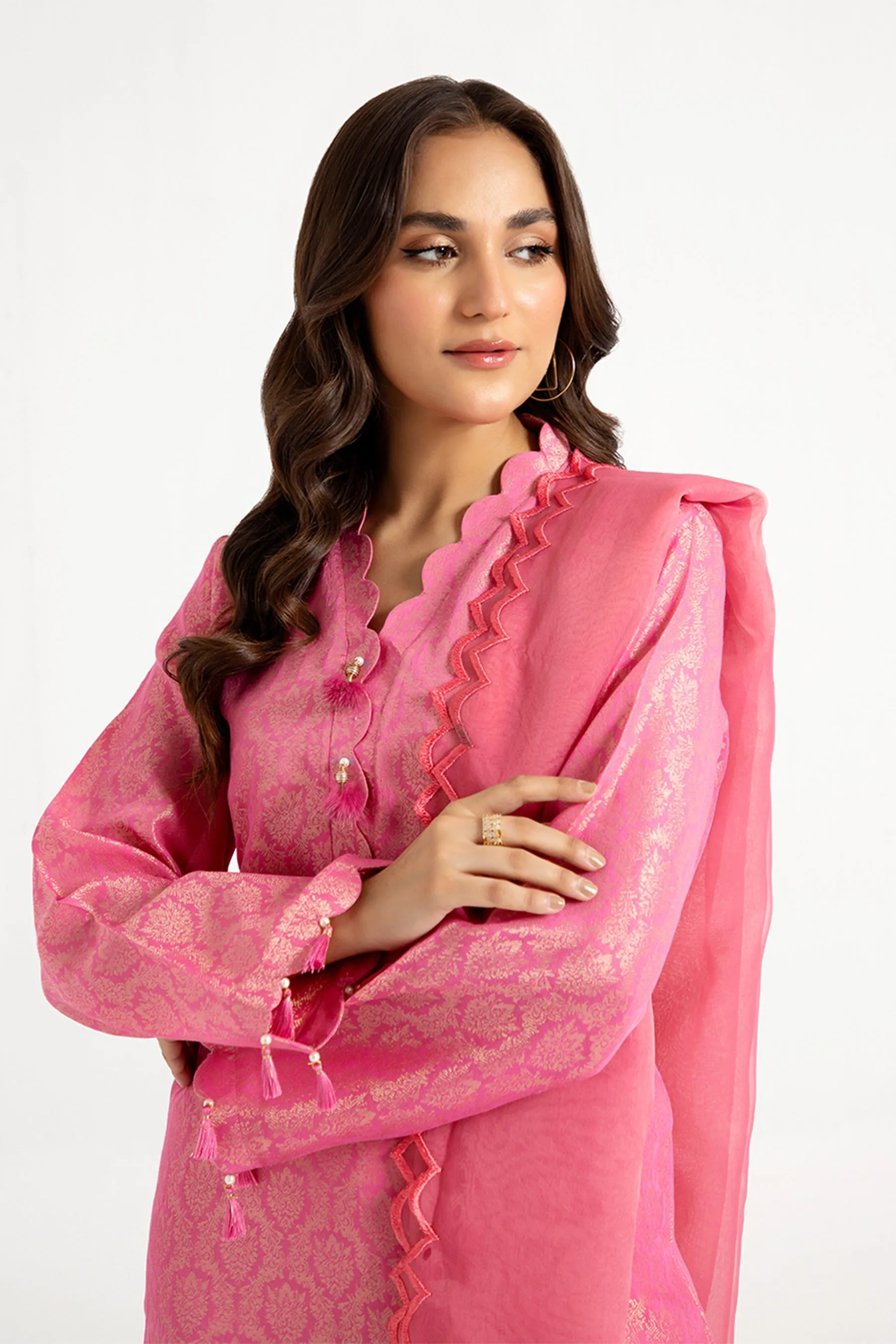 Arif Ashraf - Pembi - Hot Pink - Self Jacquard and Organza - 3 Piece
