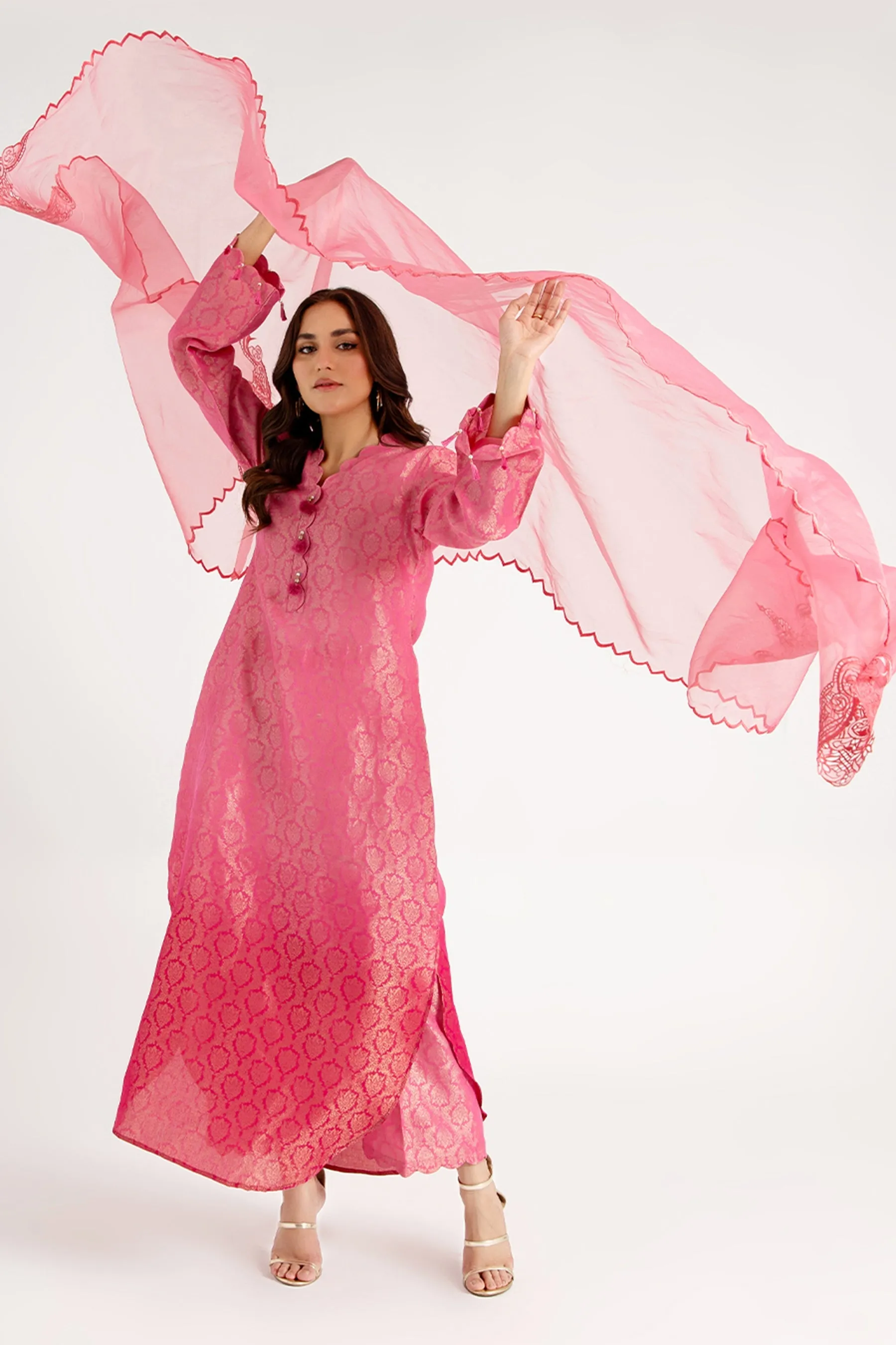 Arif Ashraf - Pembi - Hot Pink - Self Jacquard and Organza - 3 Piece