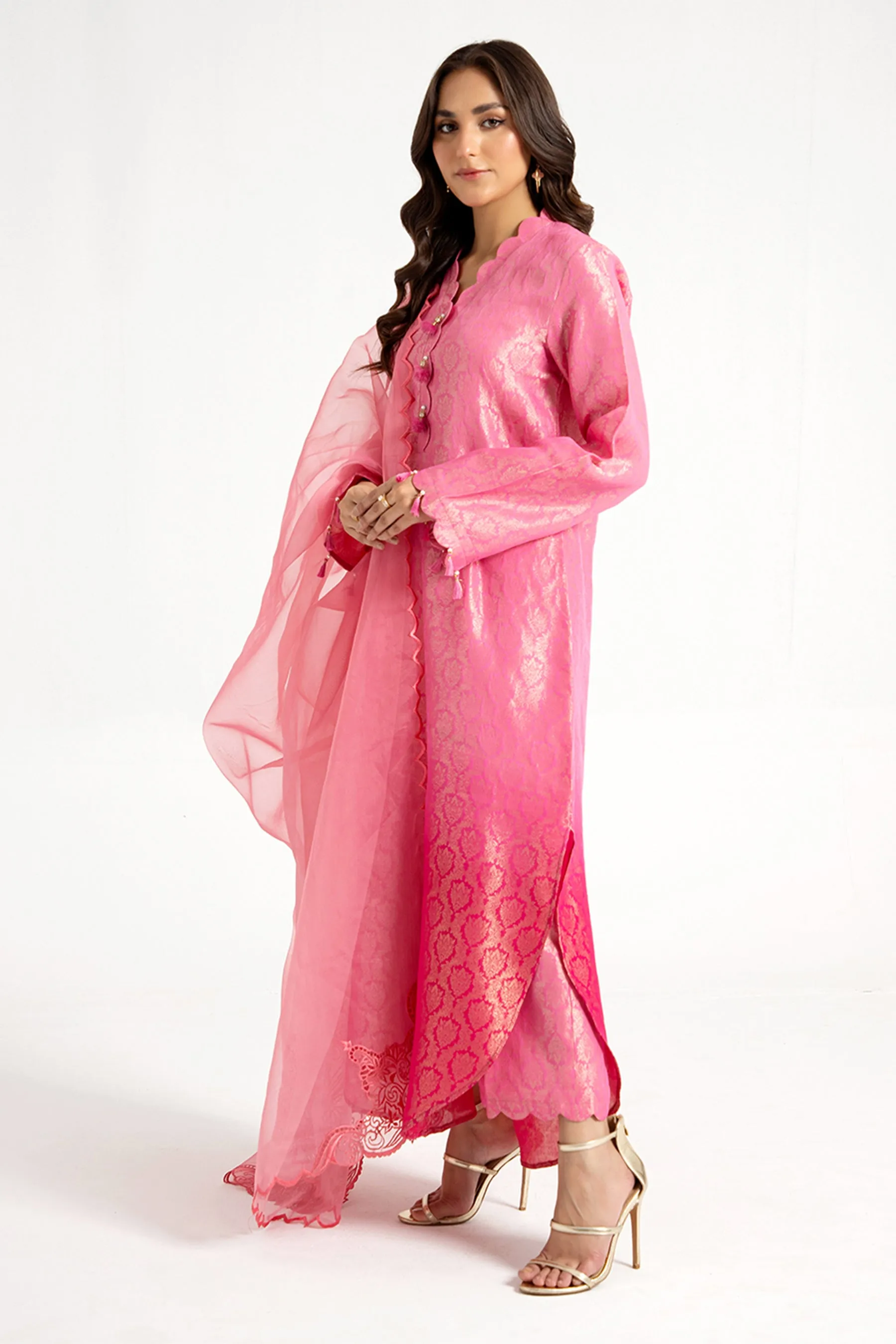 Arif Ashraf - Pembi - Hot Pink - Self Jacquard and Organza - 3 Piece