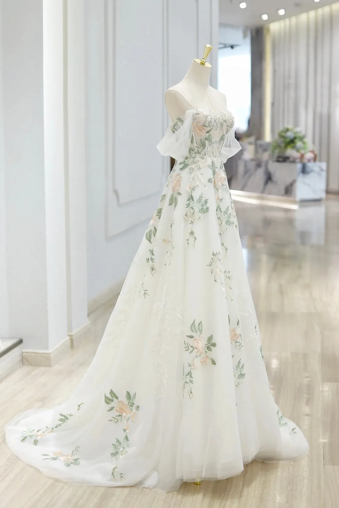 Beautiful Floral Lace Tulle Long Prom Dress, White Off the Shoulder Evening Party Dress