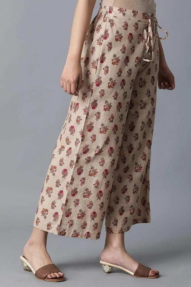 Beige All-Over Printed Parallel Pants