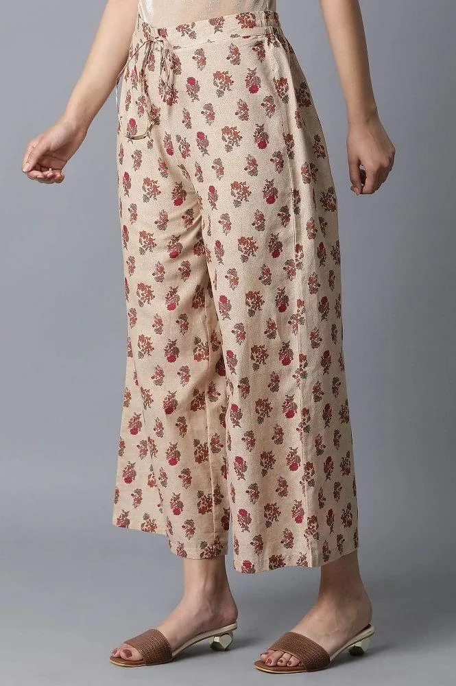 Beige All-Over Printed Parallel Pants
