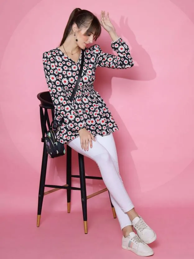 Black Floral peplum Top