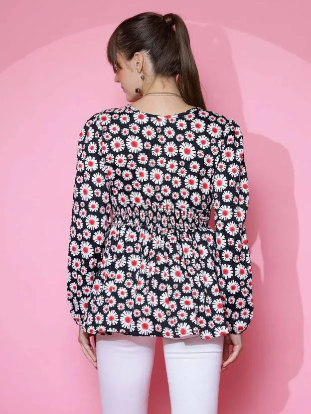 Black Floral peplum Top