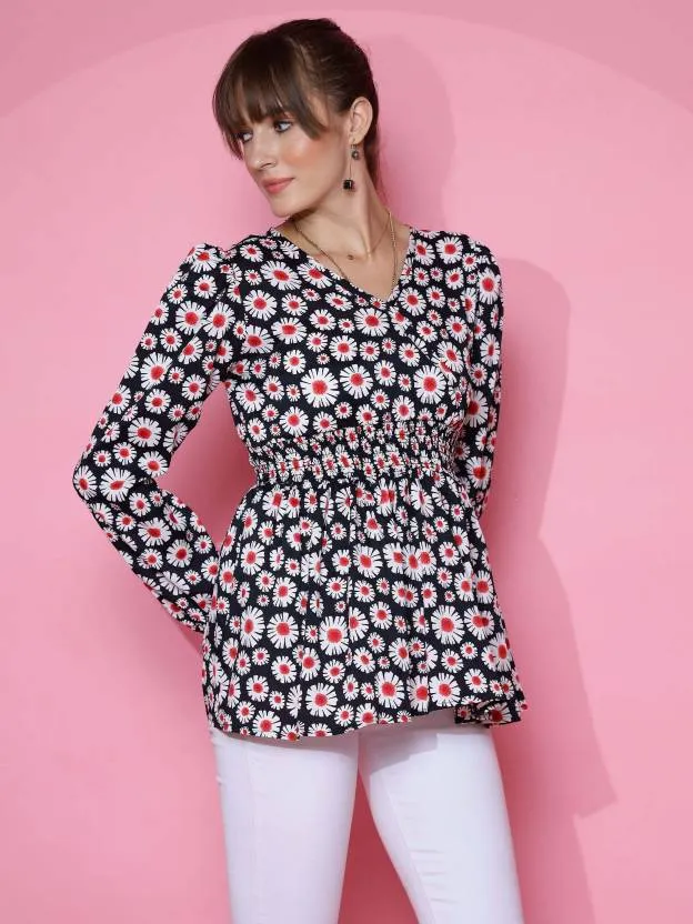 Black Floral peplum Top