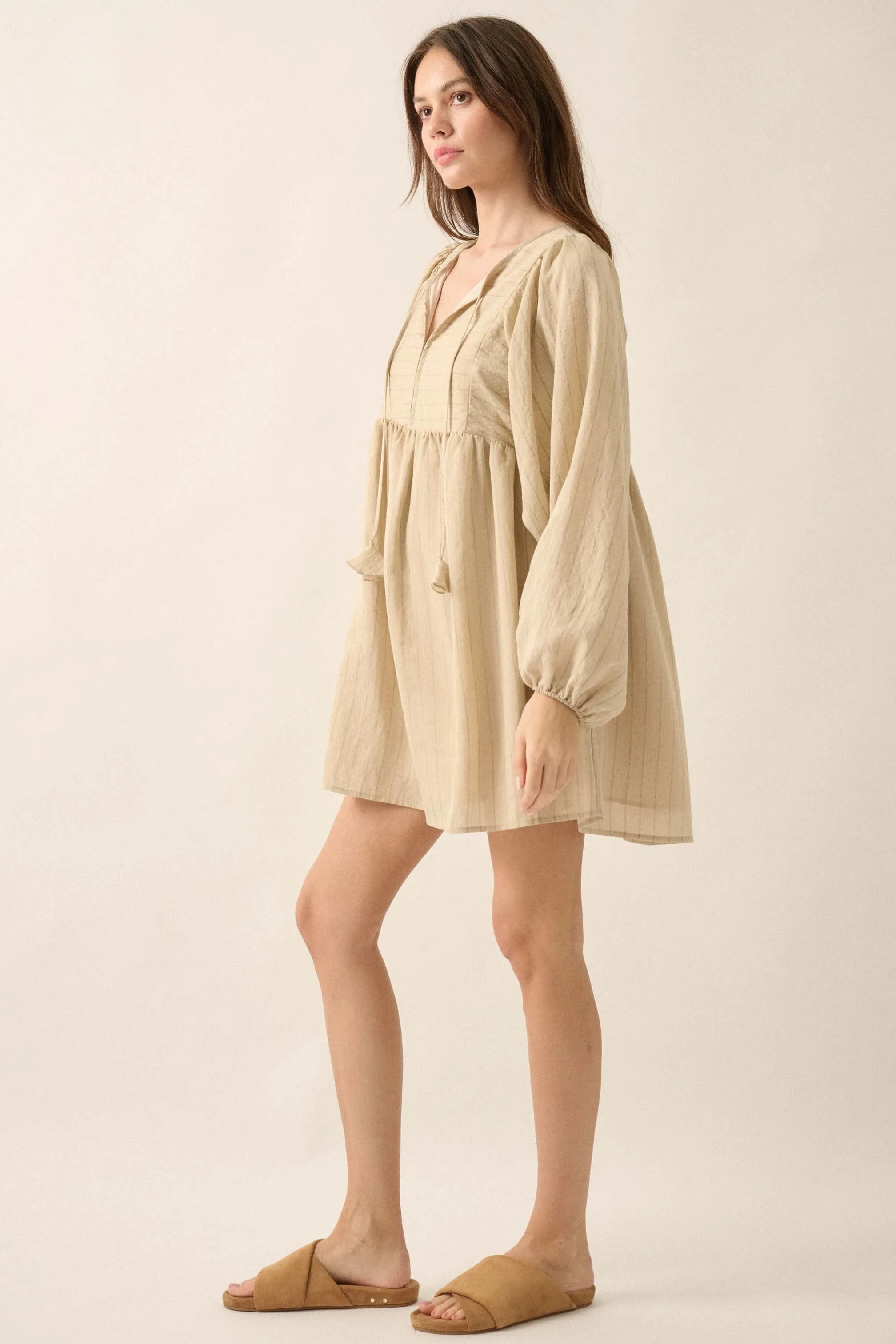 Breezy Belle Pinstripe Babydoll Peasant Mini Dress
