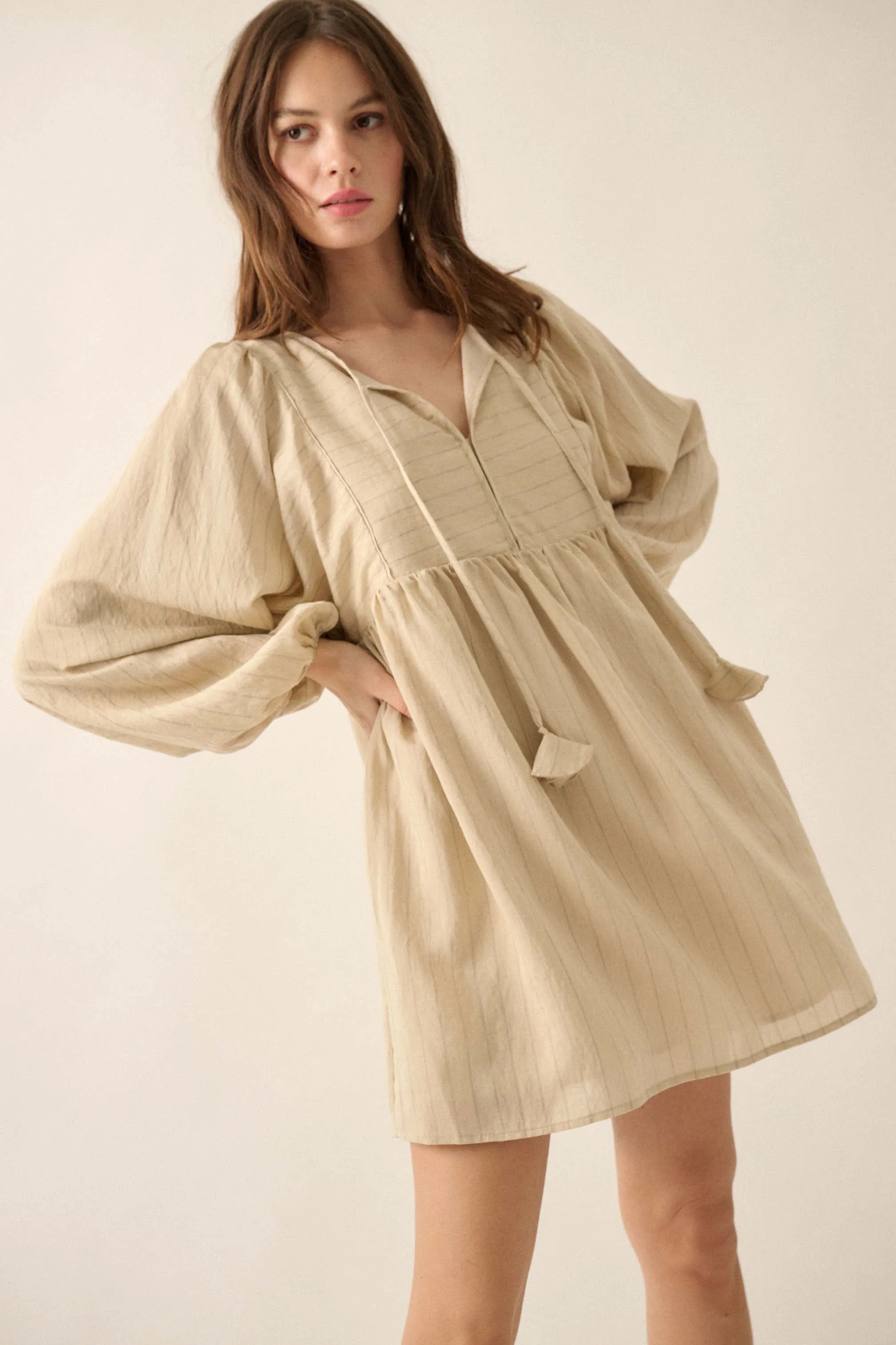 Breezy Belle Pinstripe Babydoll Peasant Mini Dress
