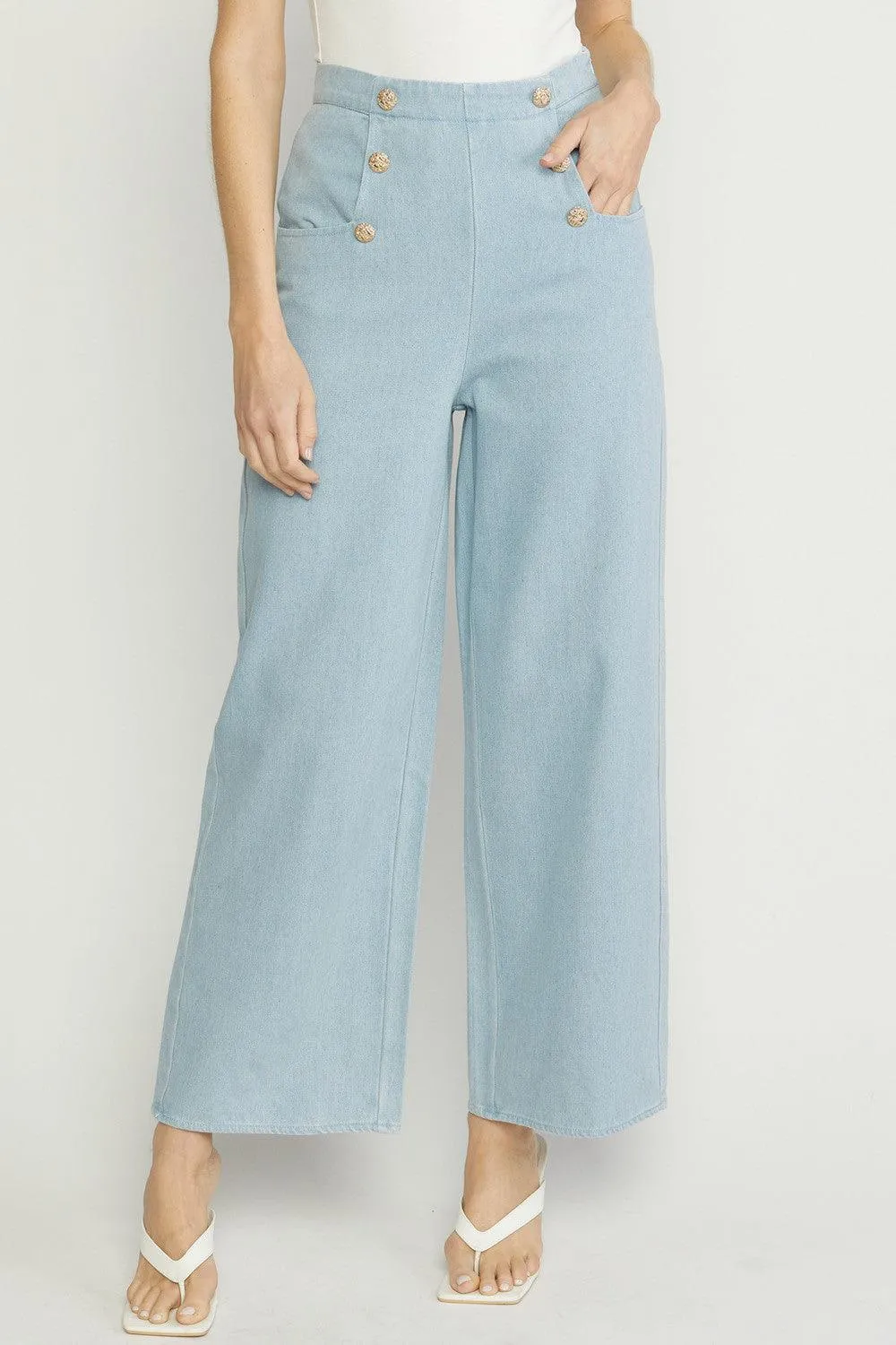 button detail high waist wide leg trousers