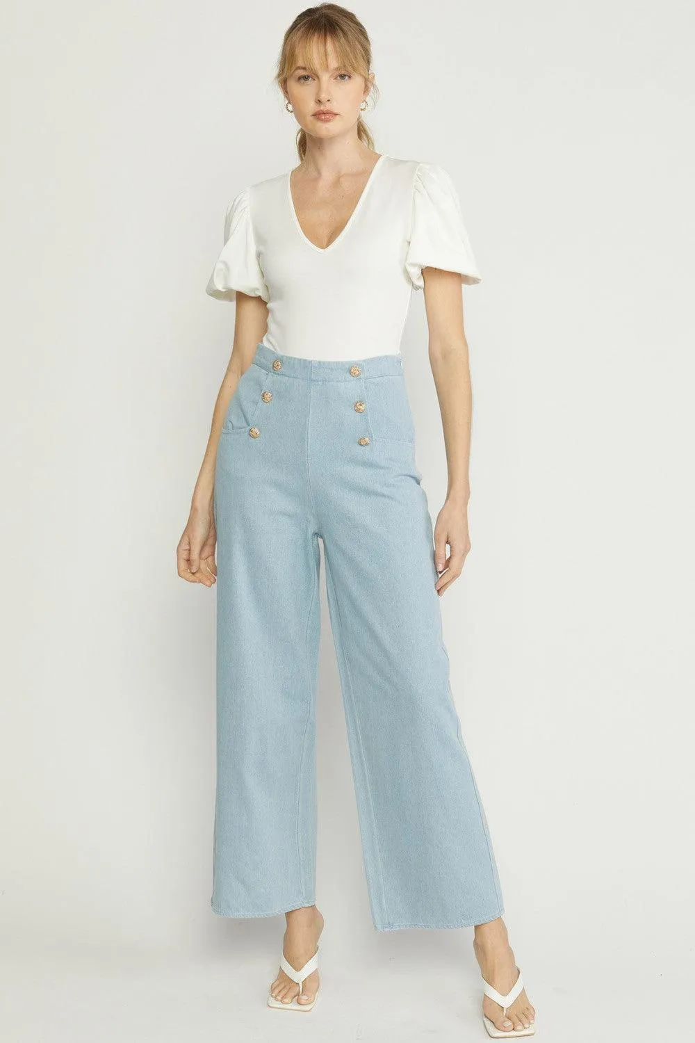 button detail high waist wide leg trousers