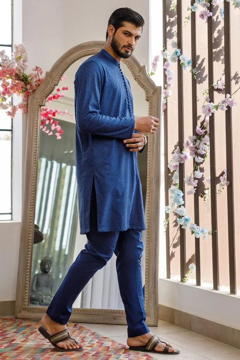 Deepak Perwani Men - Blue Cotton Embroidered Kurta Pajama - MOF1884 - 2 Piece