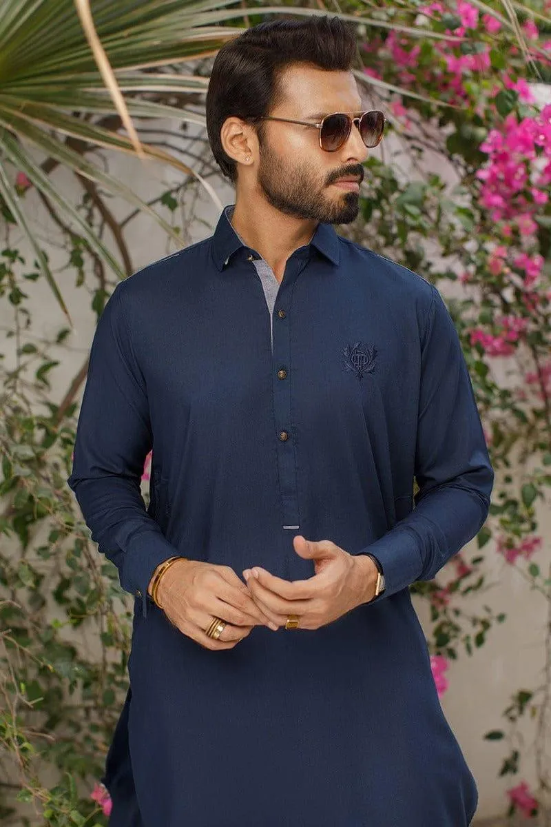 Deepak Perwani Men - Navy Blue Boski Linen Kurta Shalwar - KAS888 - 2 Piece