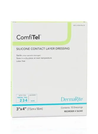 DermaRite 56340 ComfiTel Silicone Wound Contact Layer Dressing - 3 inch x 4 inch, Box of 10 dressings