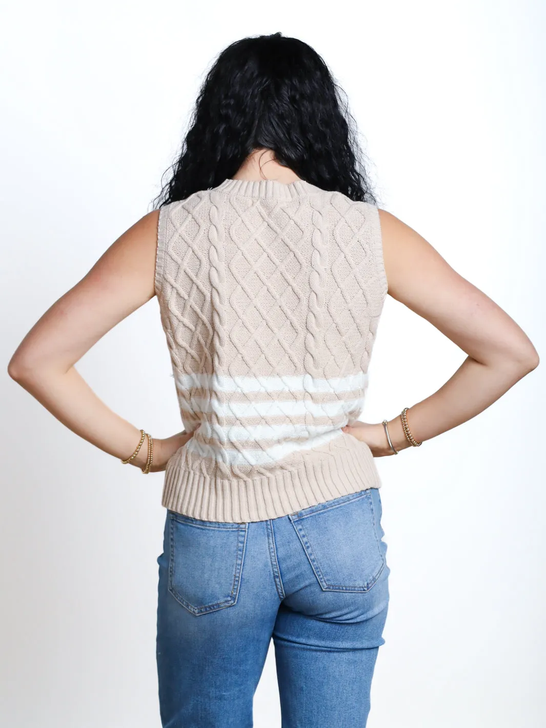 Doubt Me Now Sleeveless Striped Cable Knit Sweater