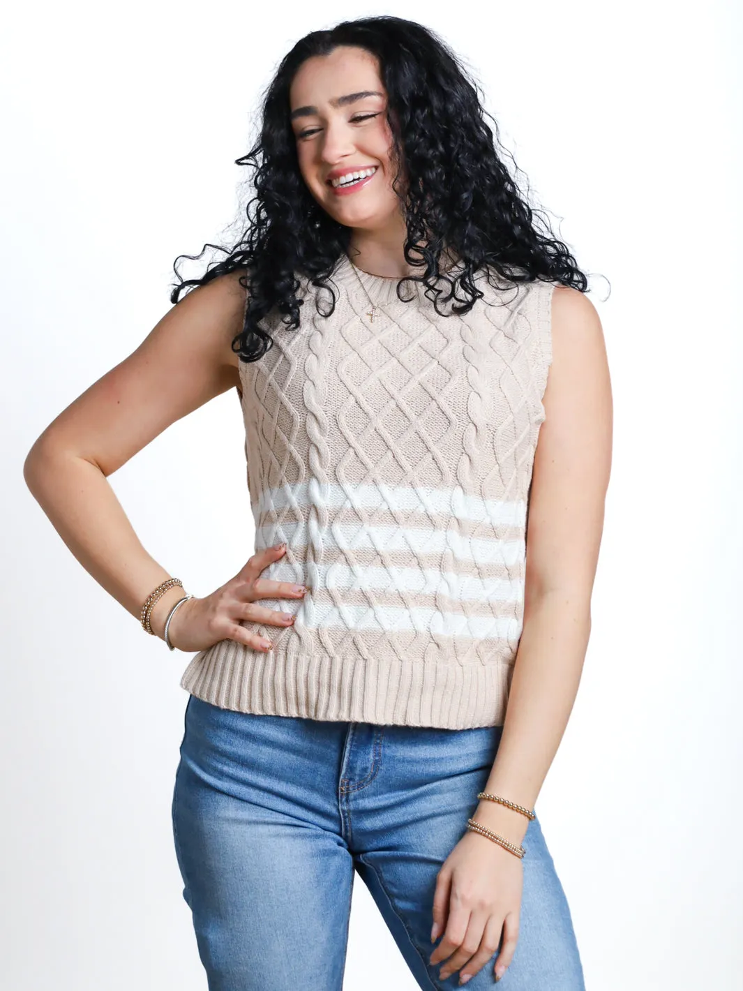 Doubt Me Now Sleeveless Striped Cable Knit Sweater