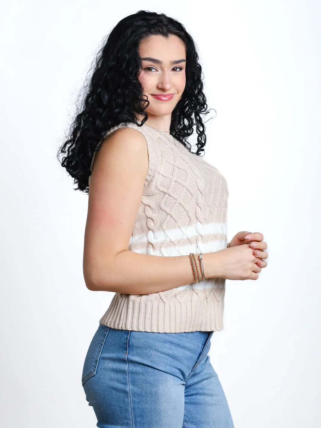 Doubt Me Now Sleeveless Striped Cable Knit Sweater