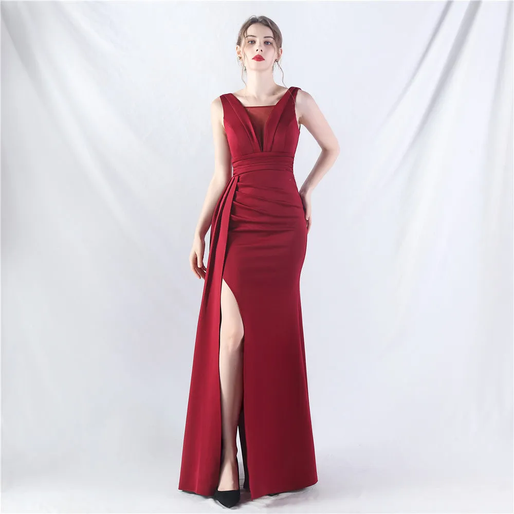 Elegant Folding Slit Satin Evening Dress