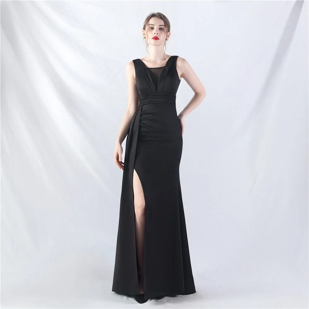 Elegant Folding Slit Satin Evening Dress