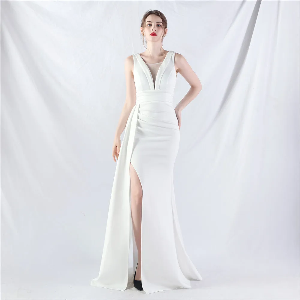 Elegant Folding Slit Satin Evening Dress