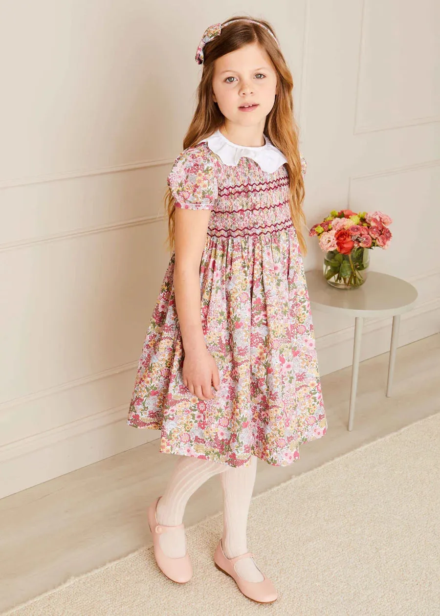 Florence Floral Handsmocked Short Sleeve Dress in Pink (18mths-10yrs)