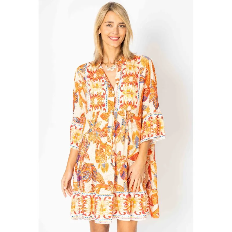 Flower Printed Baby Doll Dress-Orange