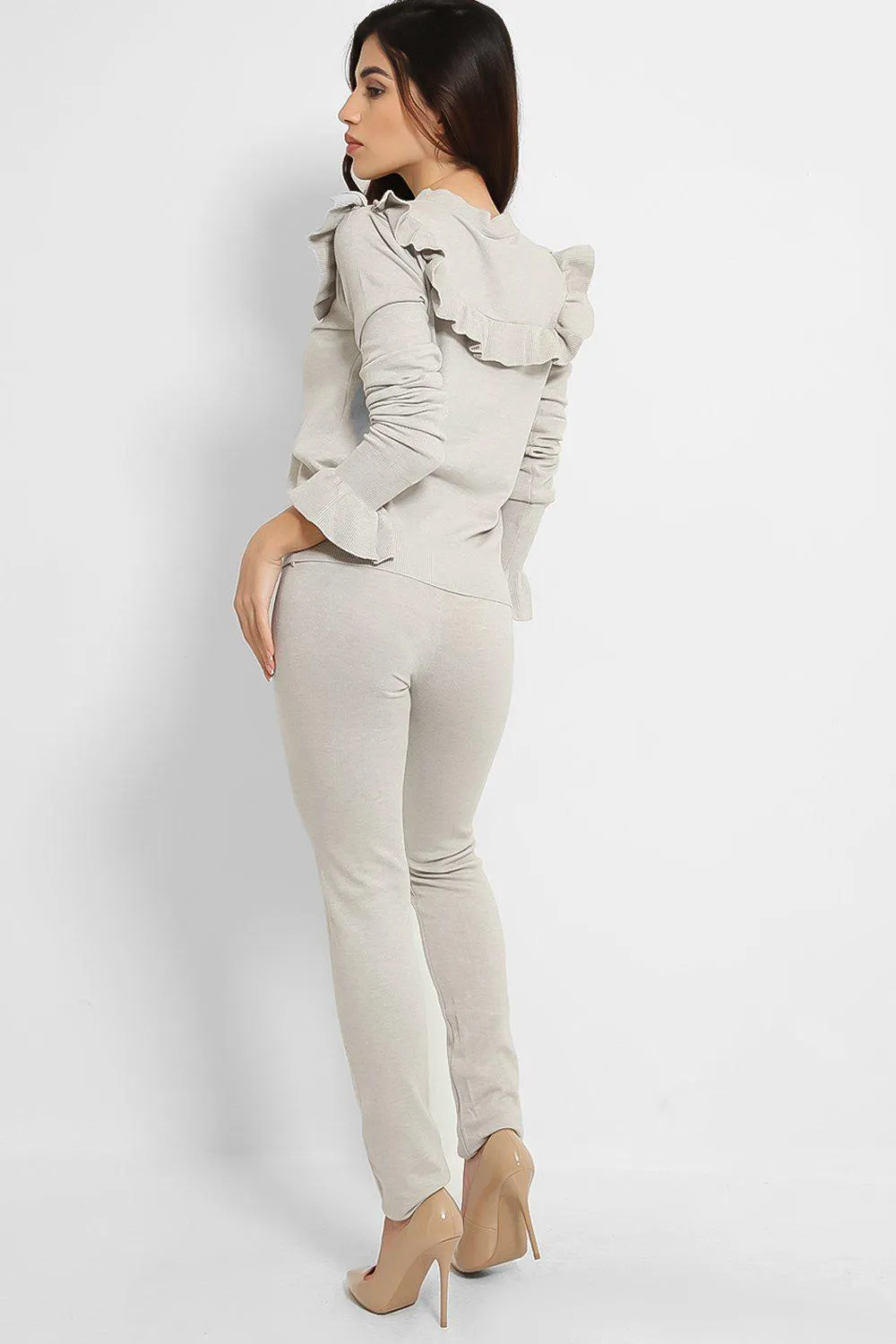 FRILL BOW NECKLINE JUMPER & TROUSERS KNIT GREY LOUNGE SET
