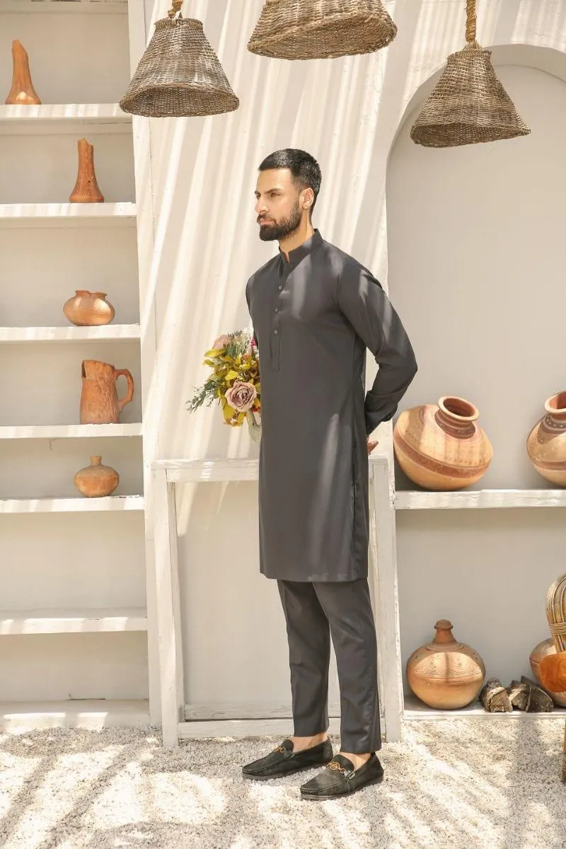 GEM GARMENTS - Aagosh - Band Collar - Dark Grey - 2 Piece