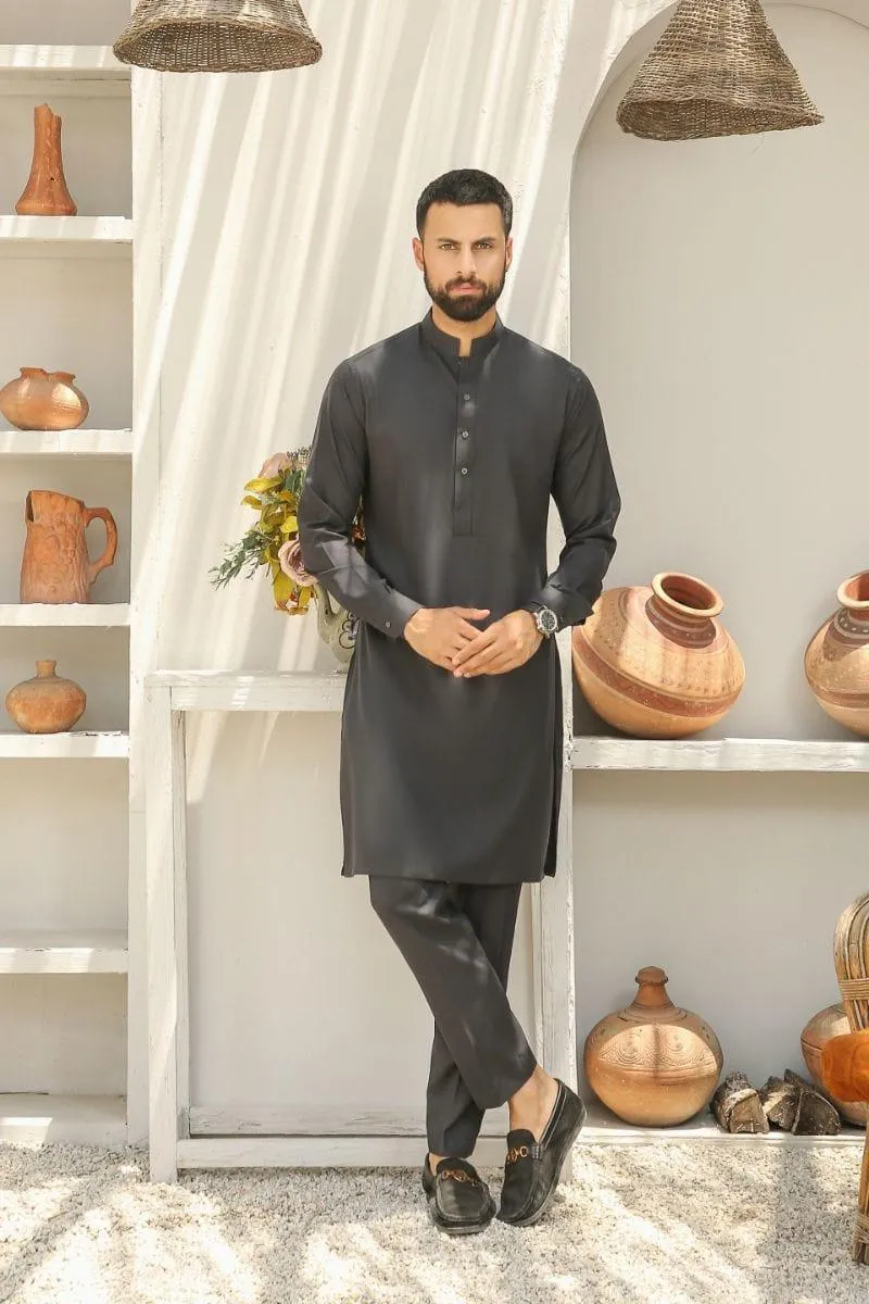 GEM GARMENTS - Aagosh - Band Collar - Dark Grey - 2 Piece