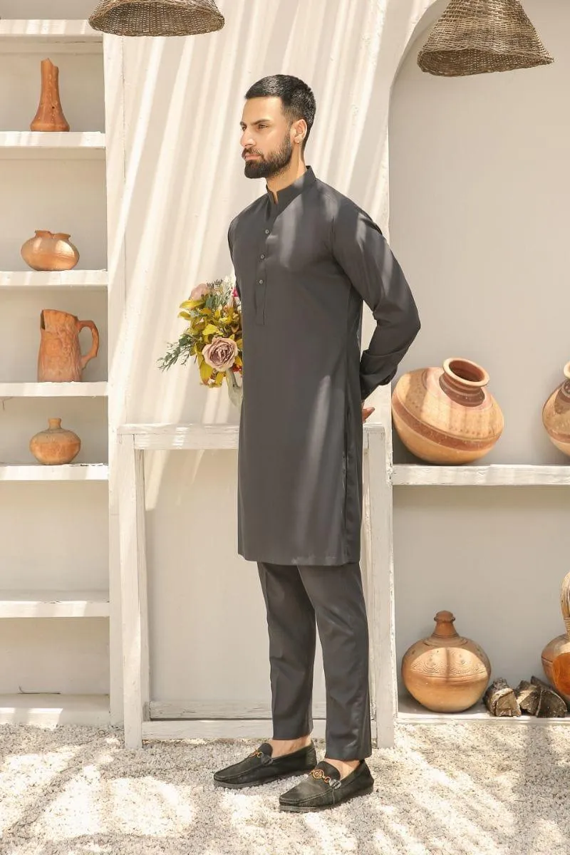 GEM GARMENTS - Aagosh - Band Collar - Dark Grey - 2 Piece
