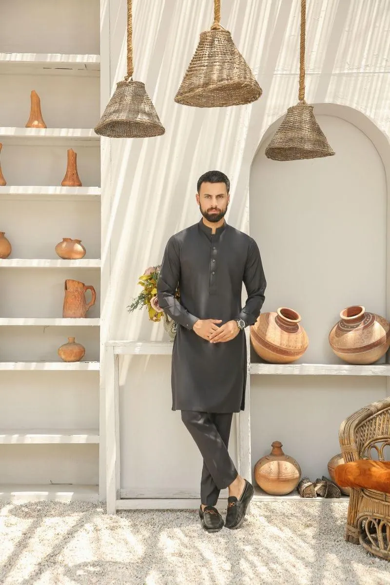 GEM GARMENTS - Aagosh - Band Collar - Dark Grey - 2 Piece