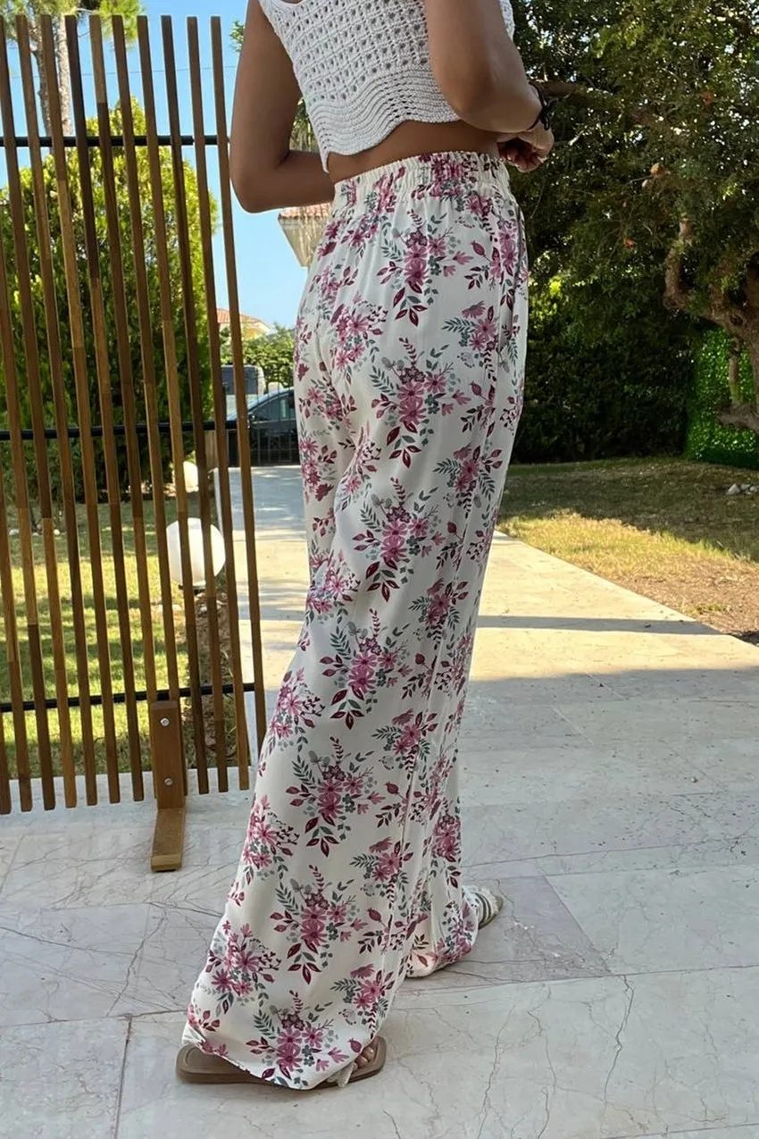 GNS Women's Pink Elastic Waist Pocketed Patterned Wide Leg Pants BST700-3644 - Mansfield