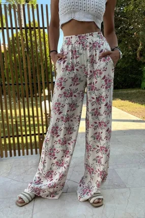 GNS Women's Pink Elastic Waist Pocketed Patterned Wide Leg Pants BST700-3644 - Mansfield
