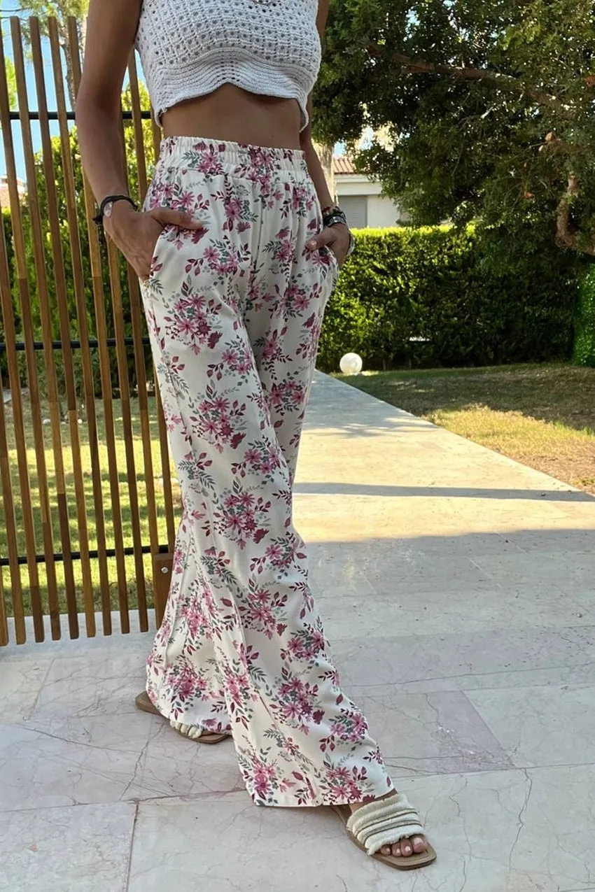 GNS Women's Pink Elastic Waist Pocketed Patterned Wide Leg Pants BST700-3644 - Mansfield