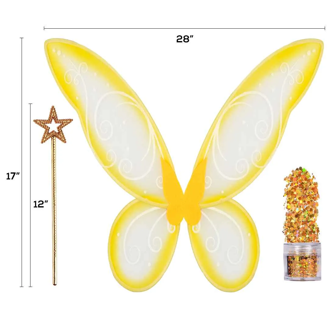 Gold Fairy Costume Accessories Set - Fairy Wings, Fairy Wand with Fairy Glitter - FUNCREDIBLE