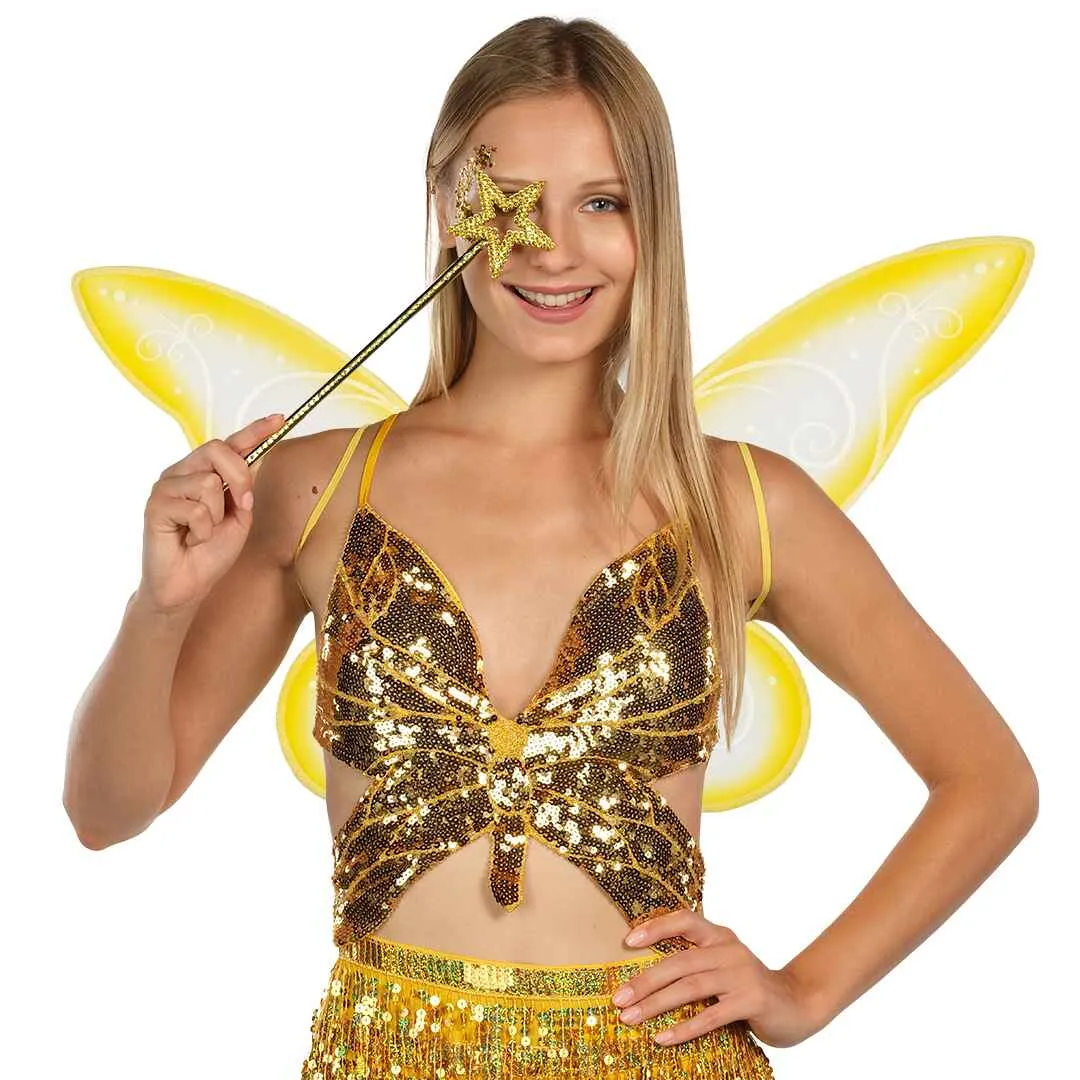 Gold Fairy Costume Accessories Set - Fairy Wings, Fairy Wand with Fairy Glitter - FUNCREDIBLE
