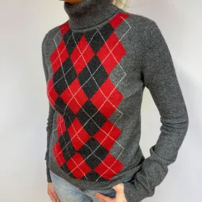 Grey Red Diamond Cashmere Polo Neck Jumper Small
