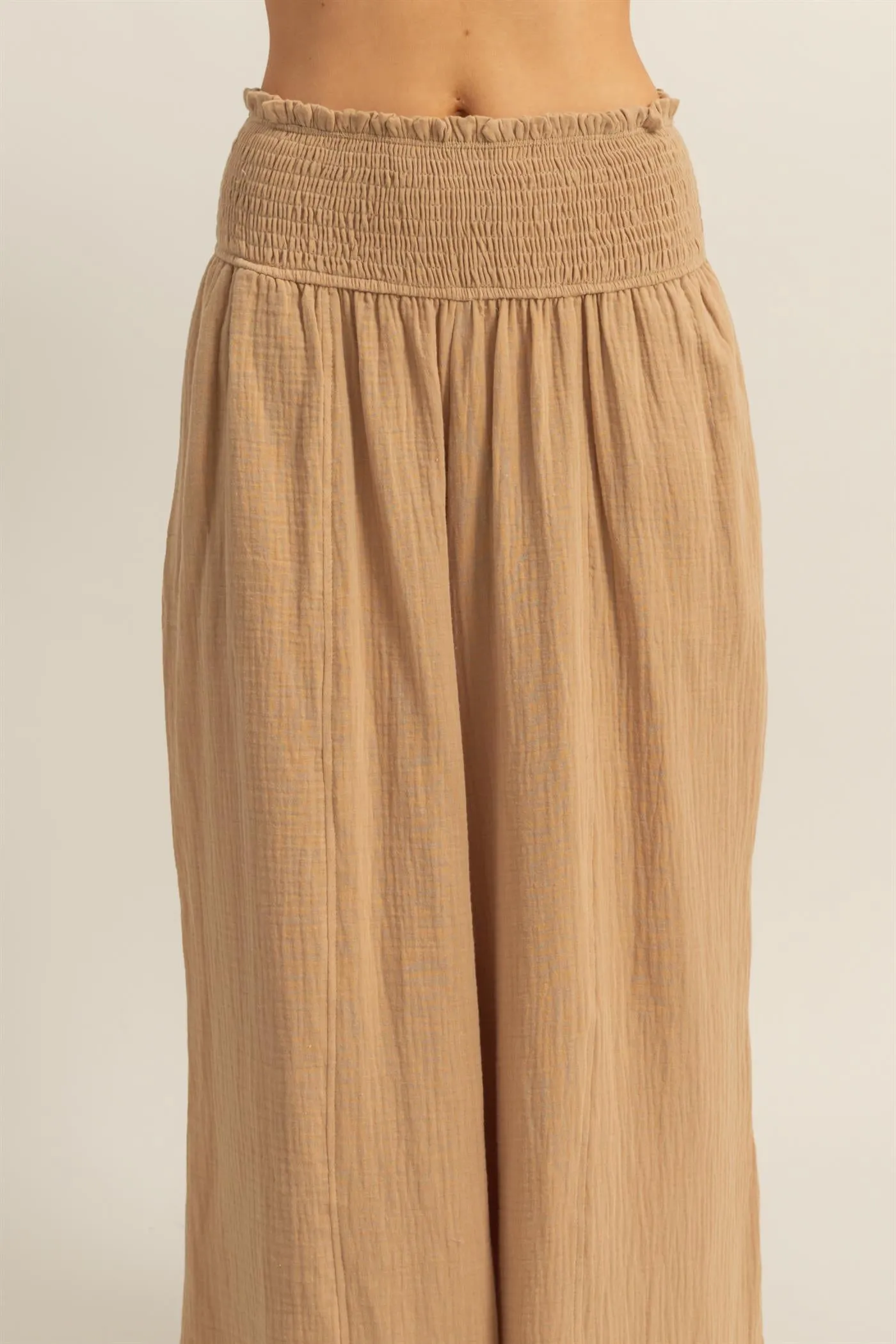 HF25C834-Double Gauze Smocked Waist Wide Leg Pants