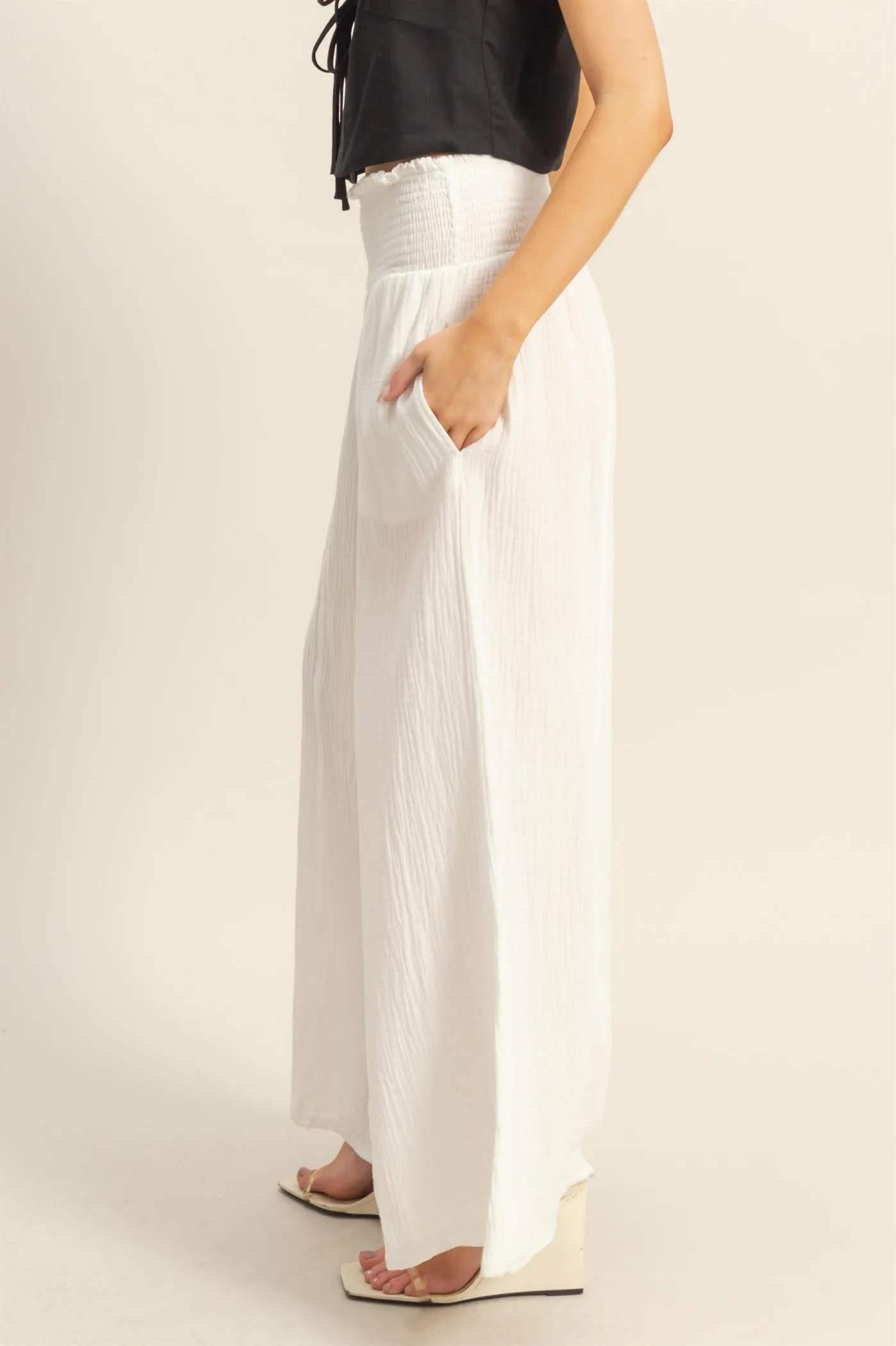 HF25C834-Double Gauze Smocked Waist Wide Leg Pants